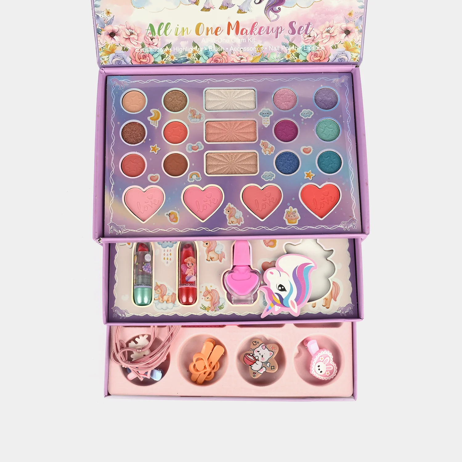Unicorn Beauty Kit open view - eyeshadows, blush, lip gloss and pull-out hair accessory drawer