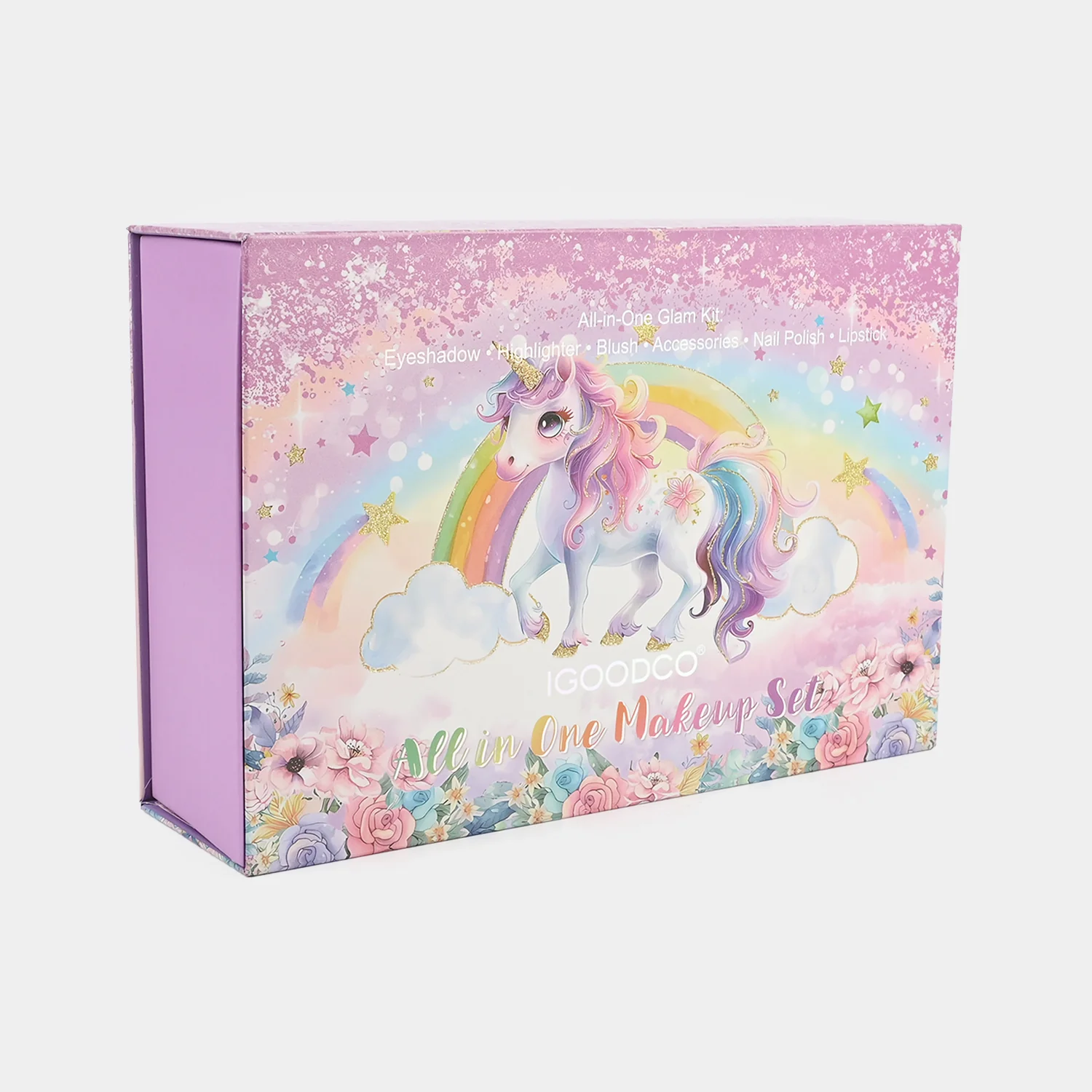 Unicorn Beauty Kit side view - purple beauty box with drawer