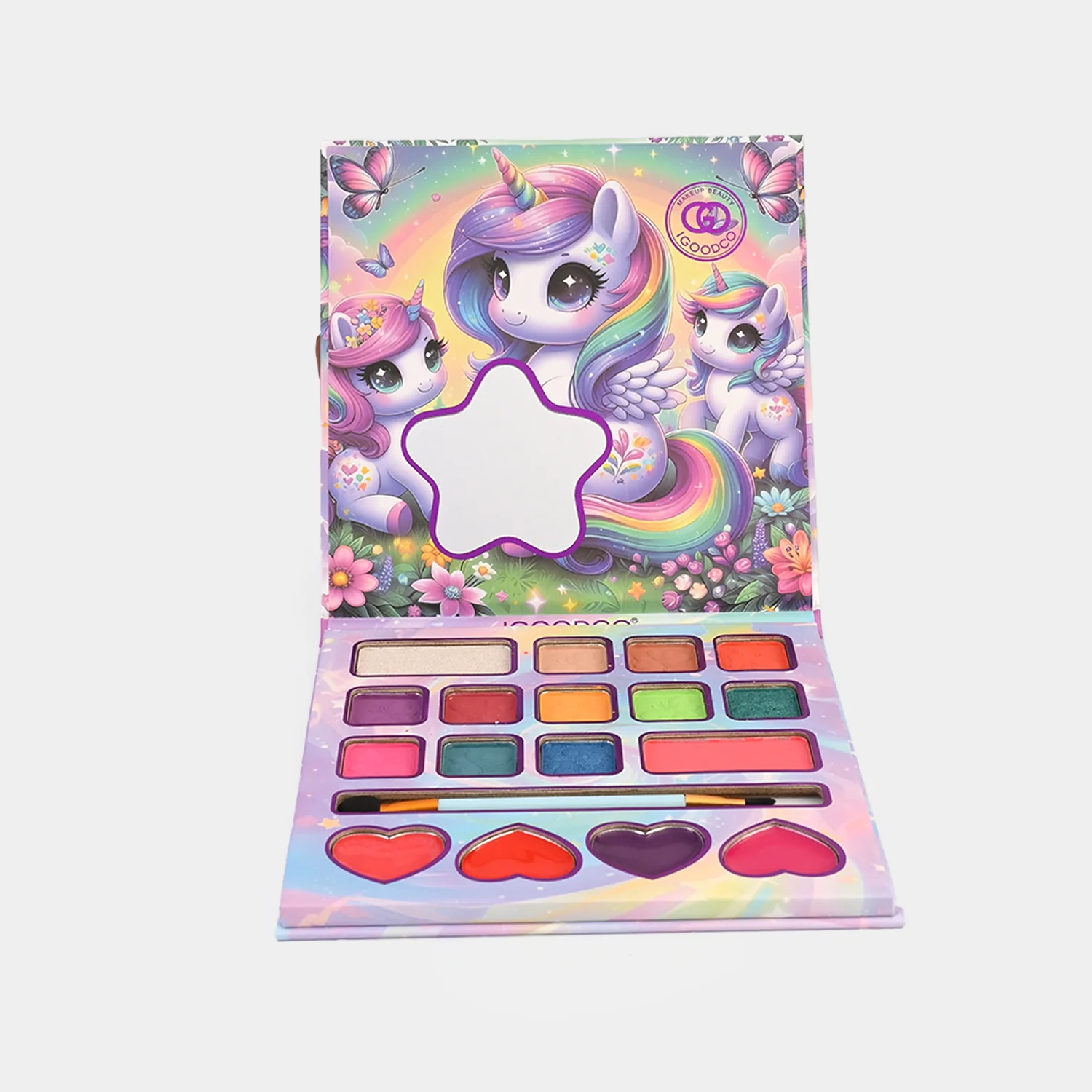 Unicorn Character Makeup Palette detail view - shades and lip colours
