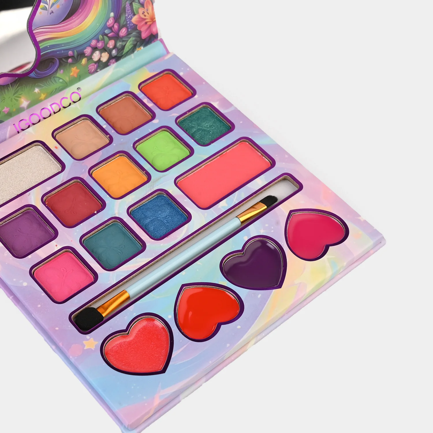 Unicorn Character Makeup Palette open view - eyeshadows, heart lip colours and brush