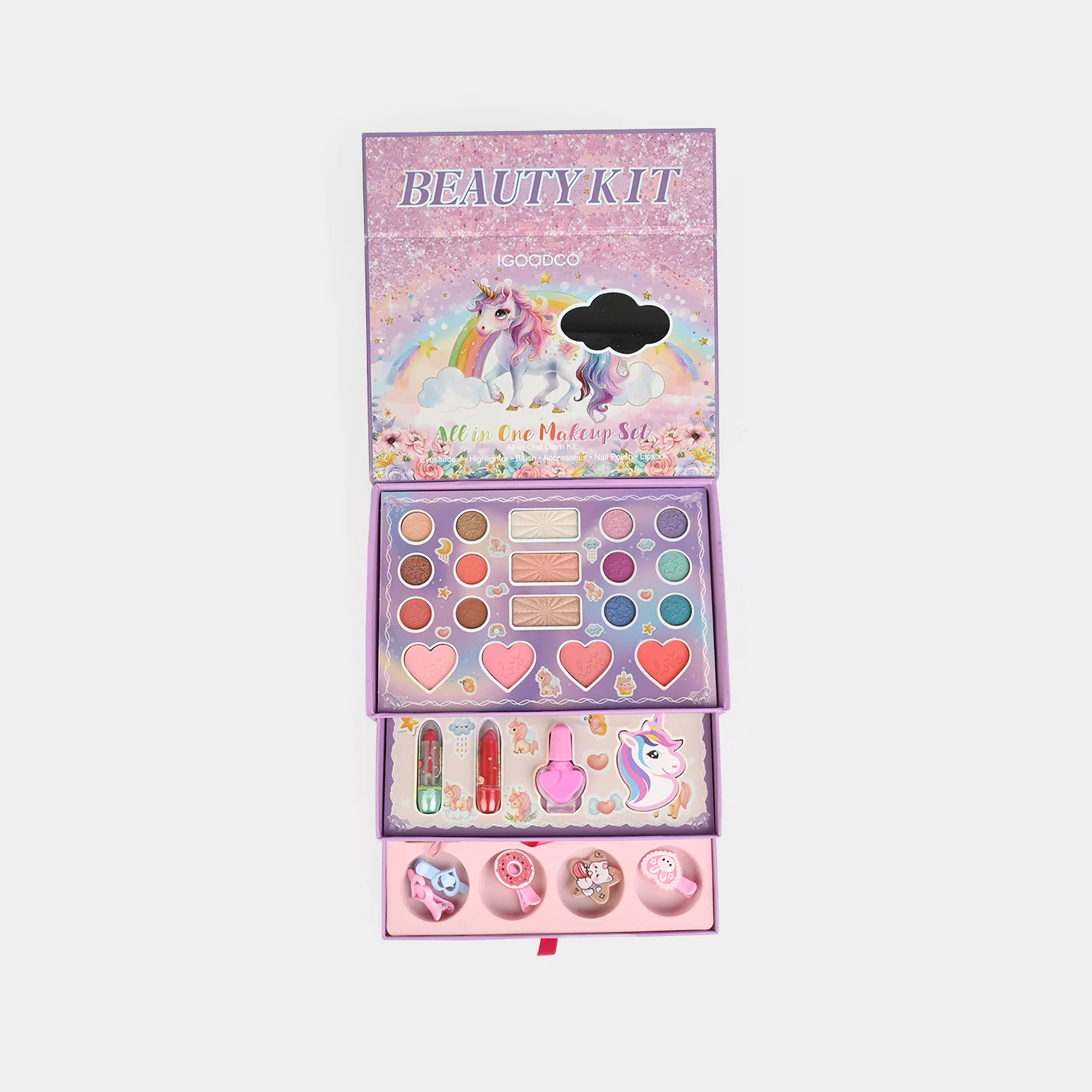 Unicorn Glam Beauty Box detail view - shades and hair accessories