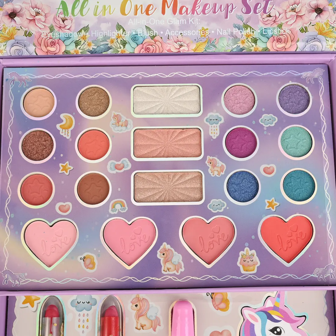 Unicorn Glam Beauty Box open view - eyeshadows, blushes, lip glosses and pull-out drawer
