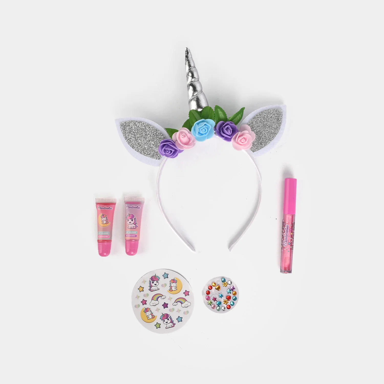 Unicorn Headband & Lip Gloss Dress-Up Set open view - headband, lip glosses, gems and unicorn stickers