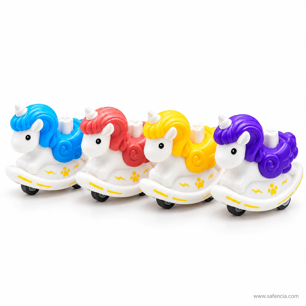 Blue, red, yellow and purple unicorn horse toys lined up in a row on their white rocking-horse bases with black wheels