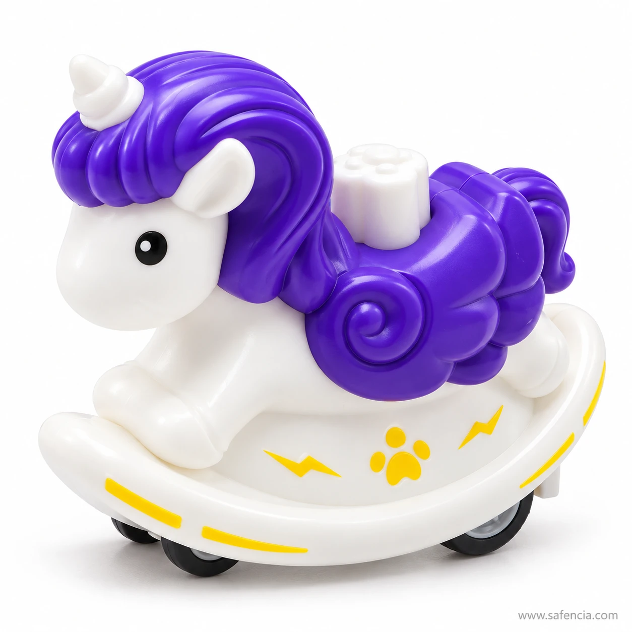 Purple unicorn horse press and go toy with a white body and horn, a curly purple mane and tail, and a white button on its back