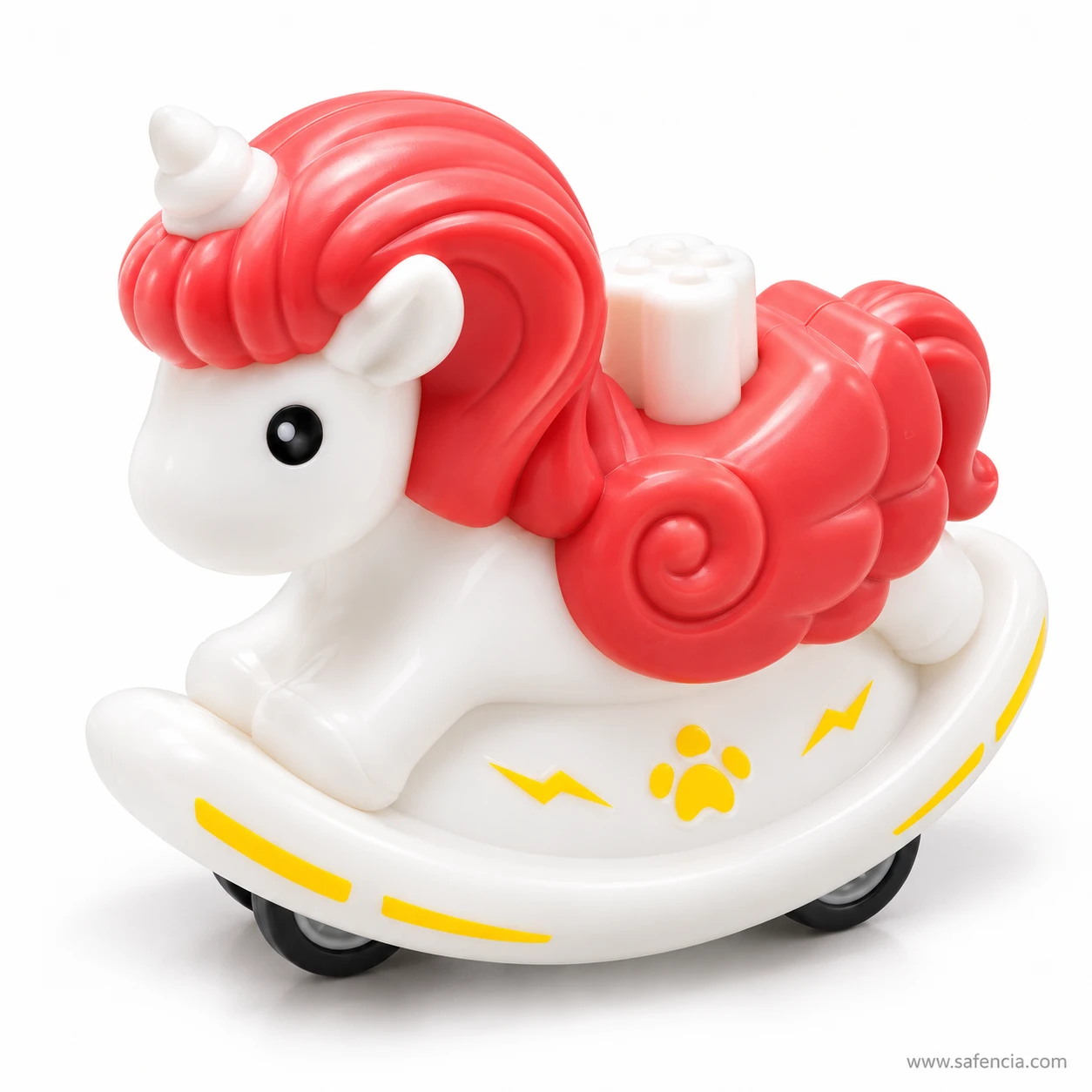 Red unicorn horse press and go toy with a white body and horn, a curly red mane and tail, and yellow lightning bolts on its base