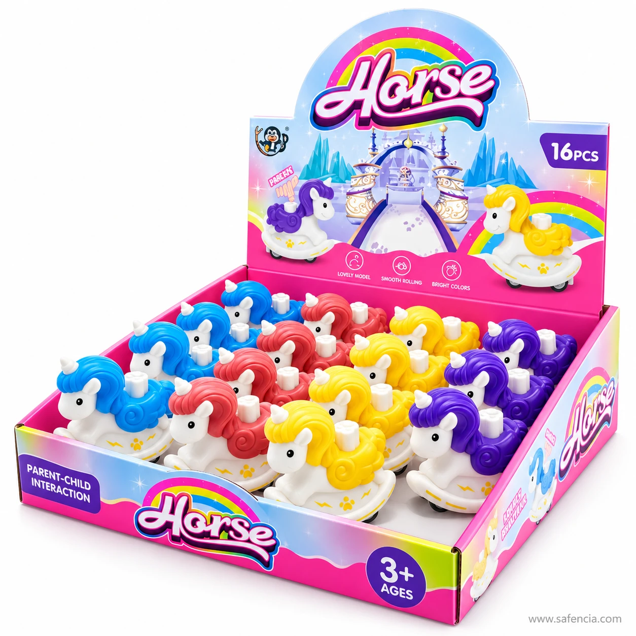 Pink Horse display box holding sixteen unicorn press and go toys in blue, red, yellow and purple, marked 3+ ages