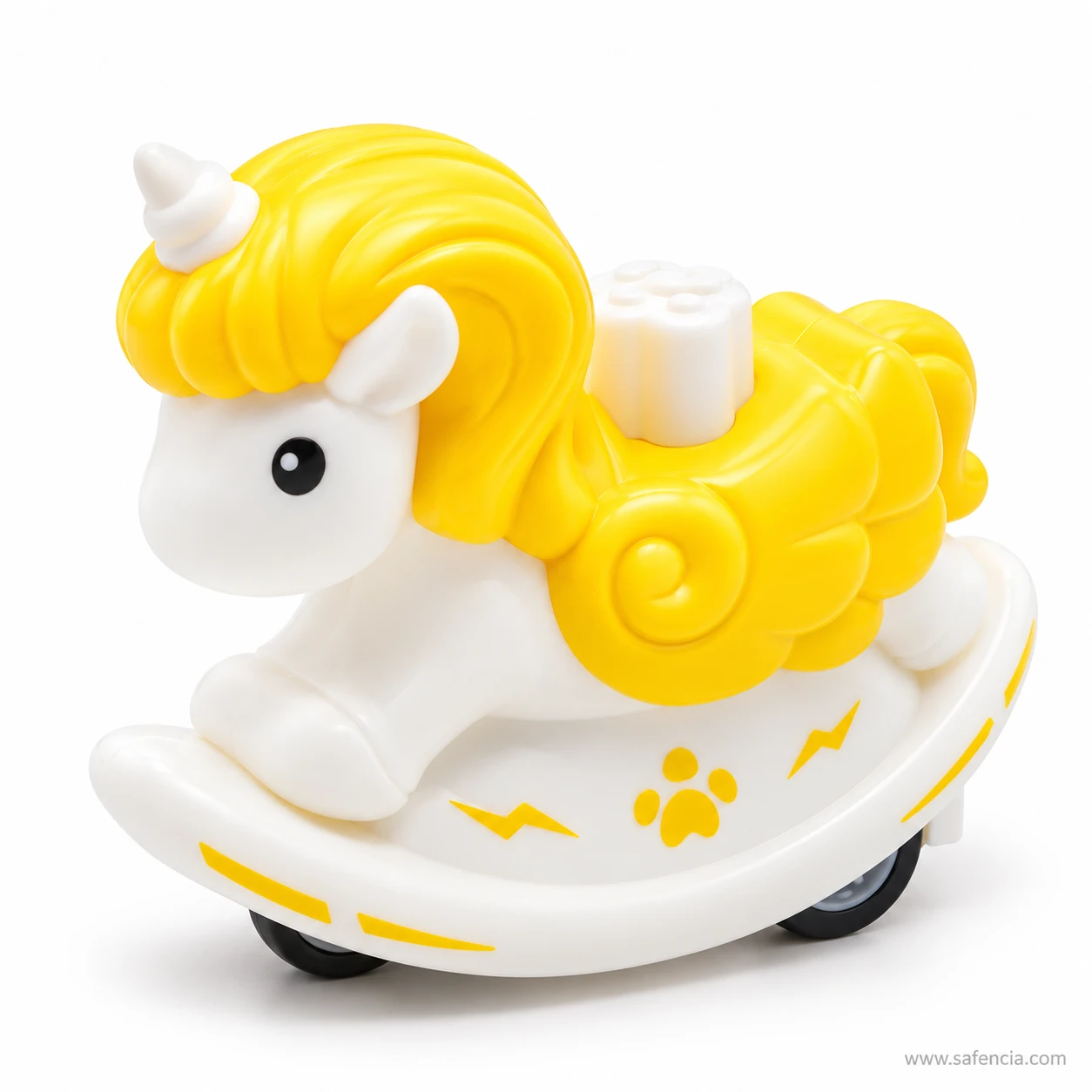 Yellow unicorn horse press and go toy with a white body and horn, a curly yellow mane and tail, and a yellow paw print on its base