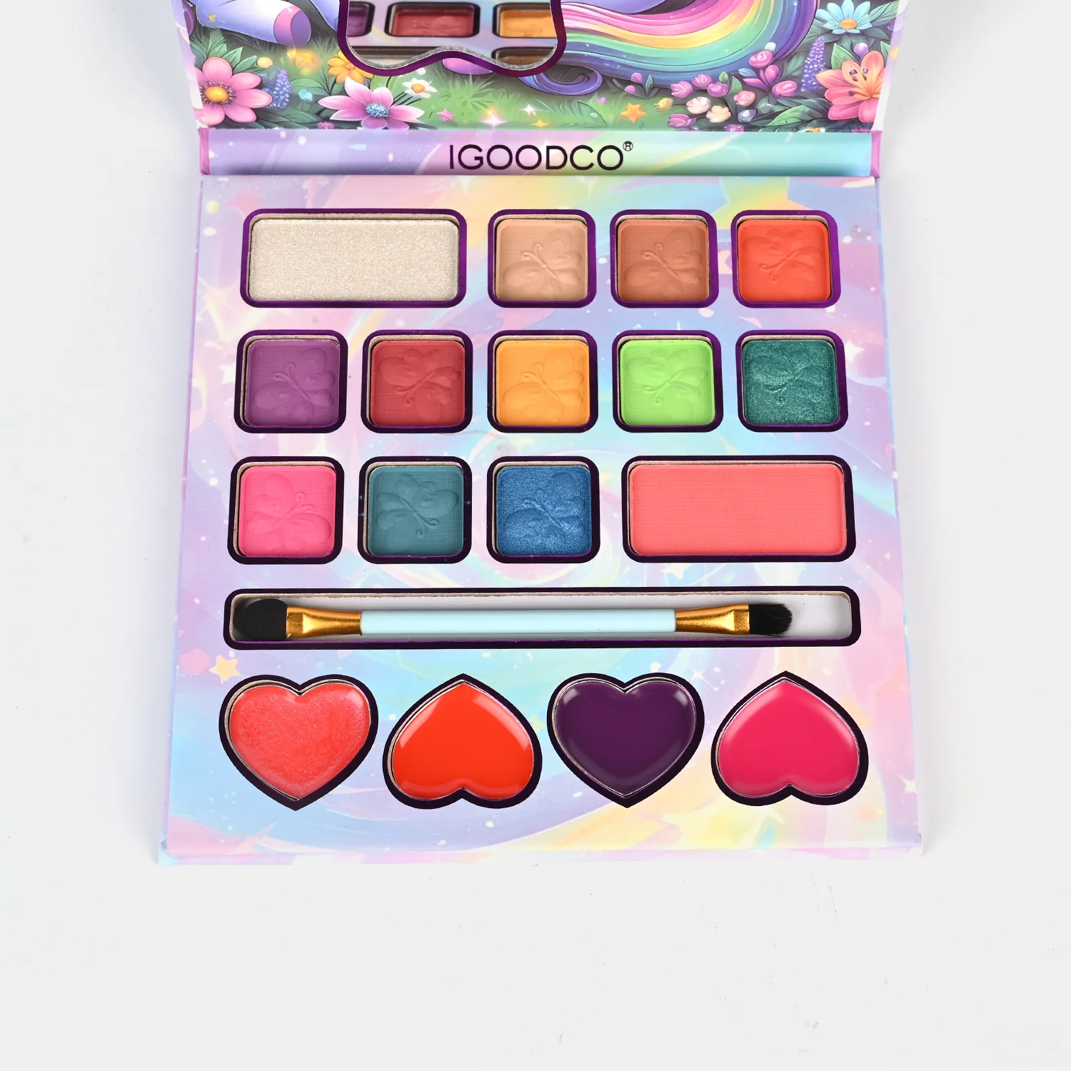 Unicorn Star Makeup Palette for Girls open view - eyeshadows and heart blushes