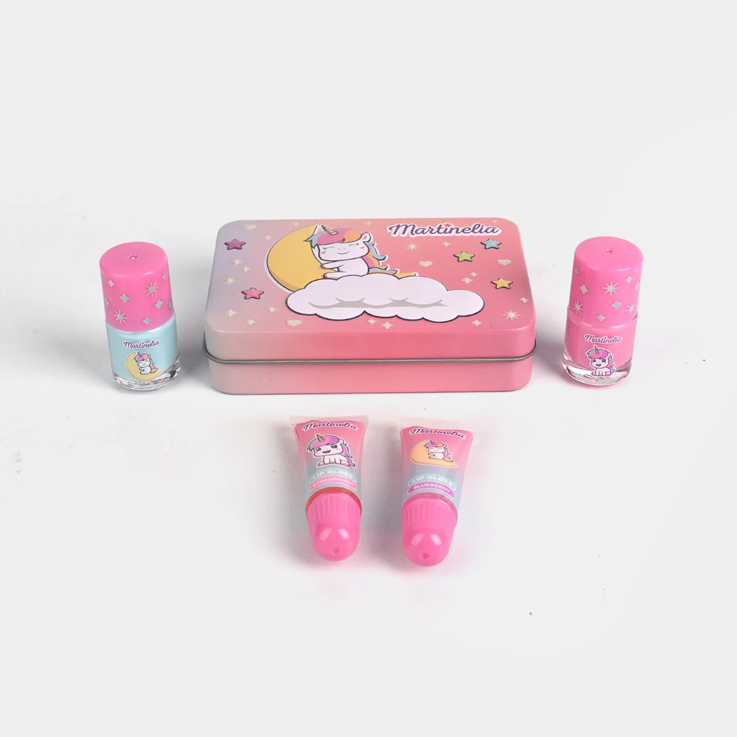 Unicorn Tin Nail & Lip Gloss Set open view - two nail polishes and two lip glosses