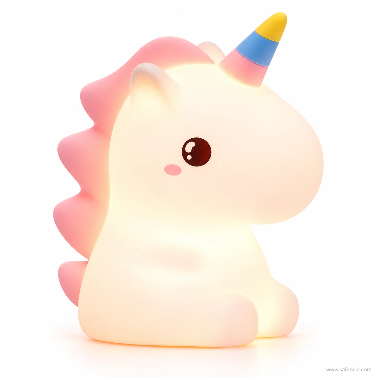 Side view of the glowing unicorn lamp with warm light through its white body and pink mane