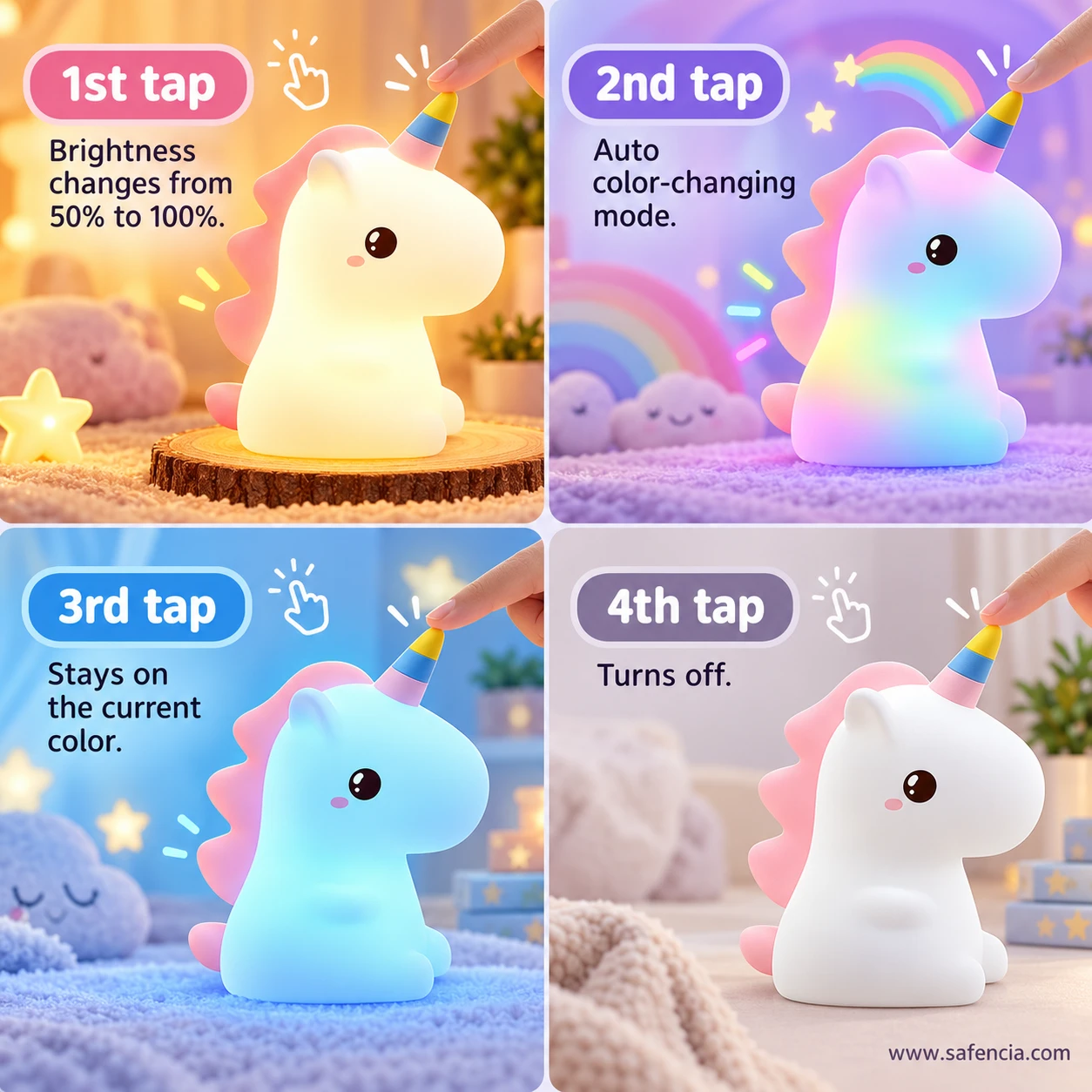 Guide to the unicorn night lamp's four tap modes: warm light, colour change, hold colour, off
