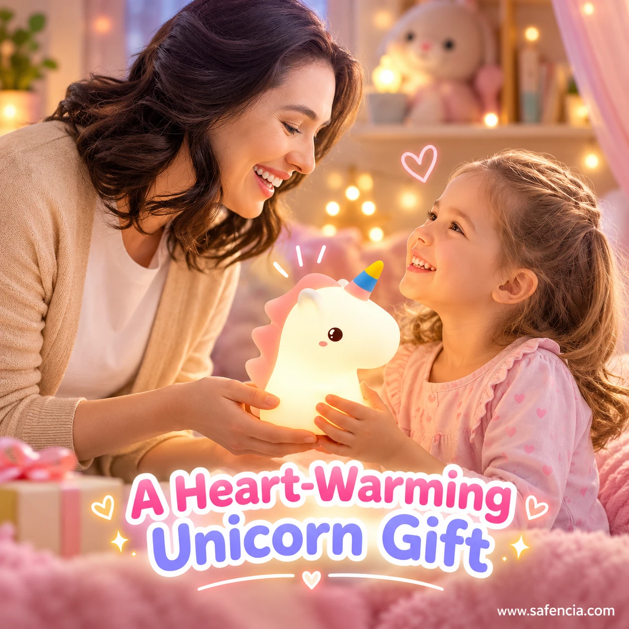 Mother handing a glowing unicorn night lamp to her smiling daughter in a pink bedroom