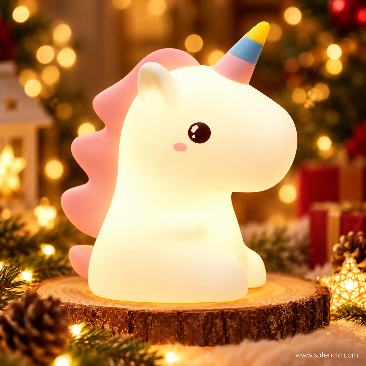 Unicorn night lamp glowing warm white on a table decorated with winter lights and pine cones