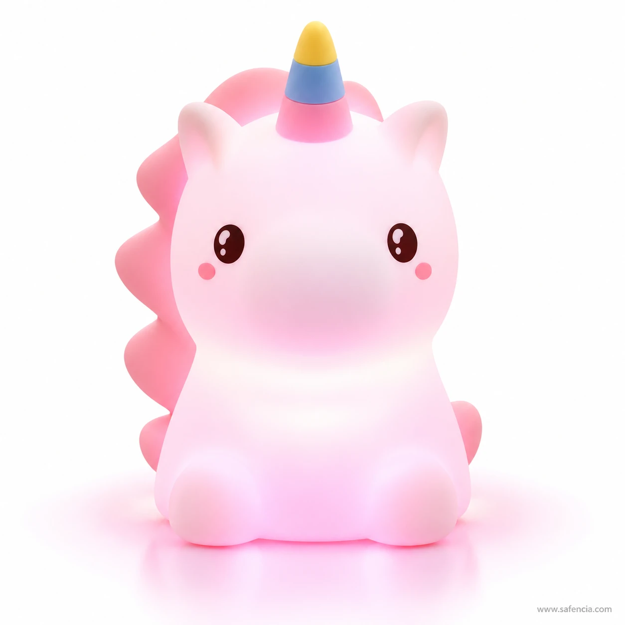 Front view of the unicorn night lamp glowing pink in its colour-changing mode
