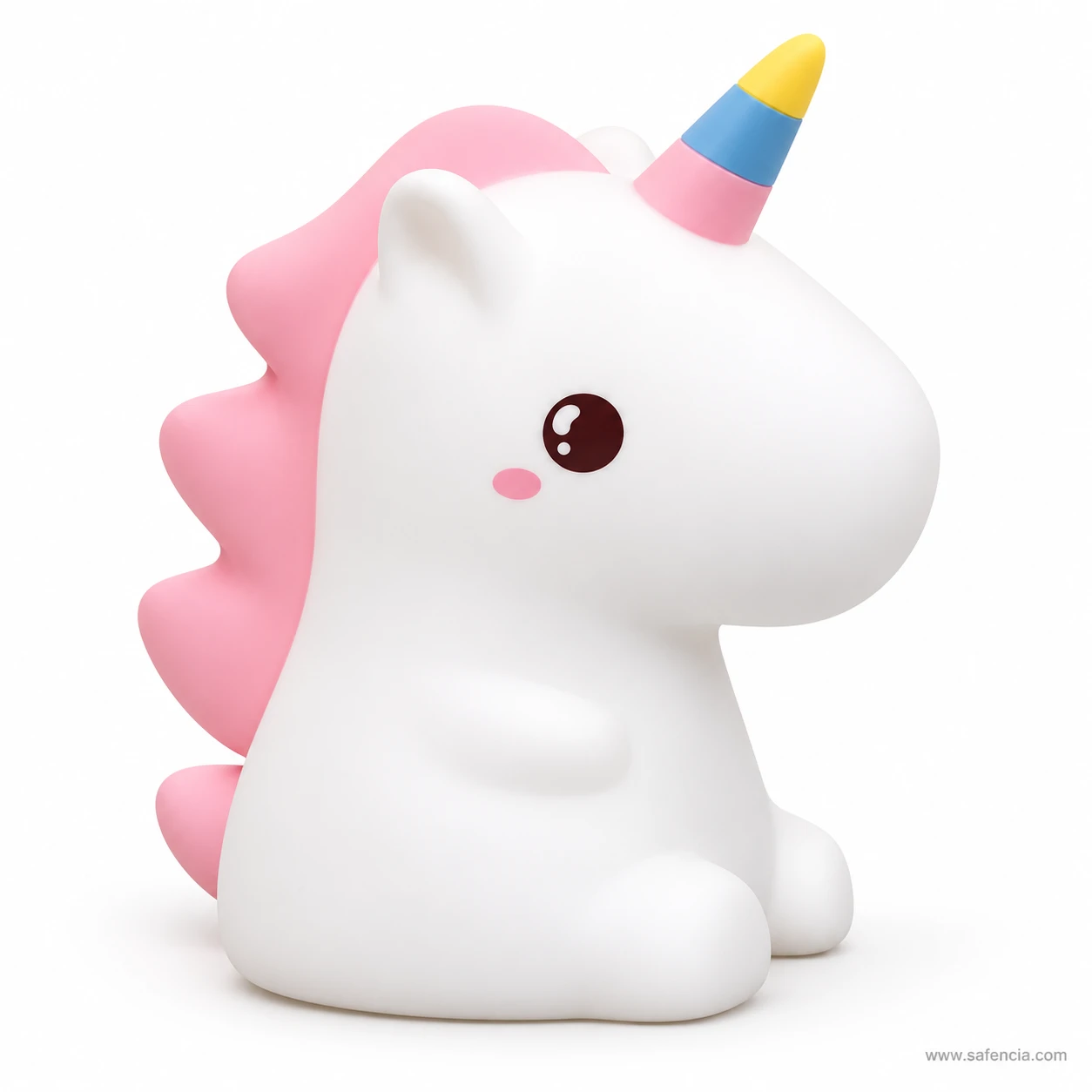Unicorn night lamp switched off, white sitting unicorn with a pink mane and tail, side view