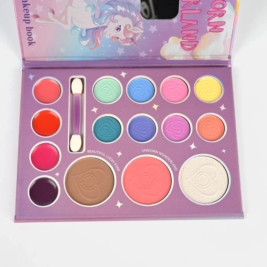 Unicorn Wonderland Eyeshadow Palette open view - bright eyeshadows, blush and bronzer