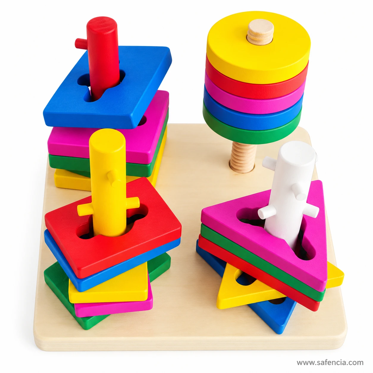 Keyed red and white posts of the unlock sorter holding square and triangle pieces with cut-out slots