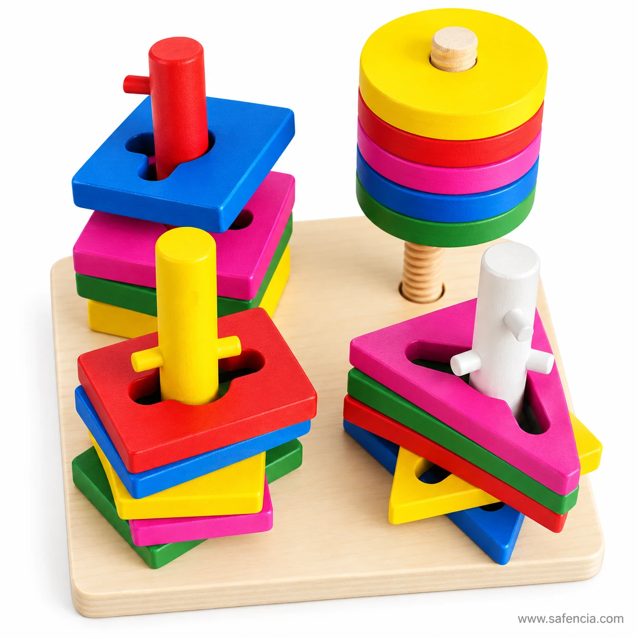 Round coloured discs twisted onto the threaded wooden screw post of the unlock four-column sorter