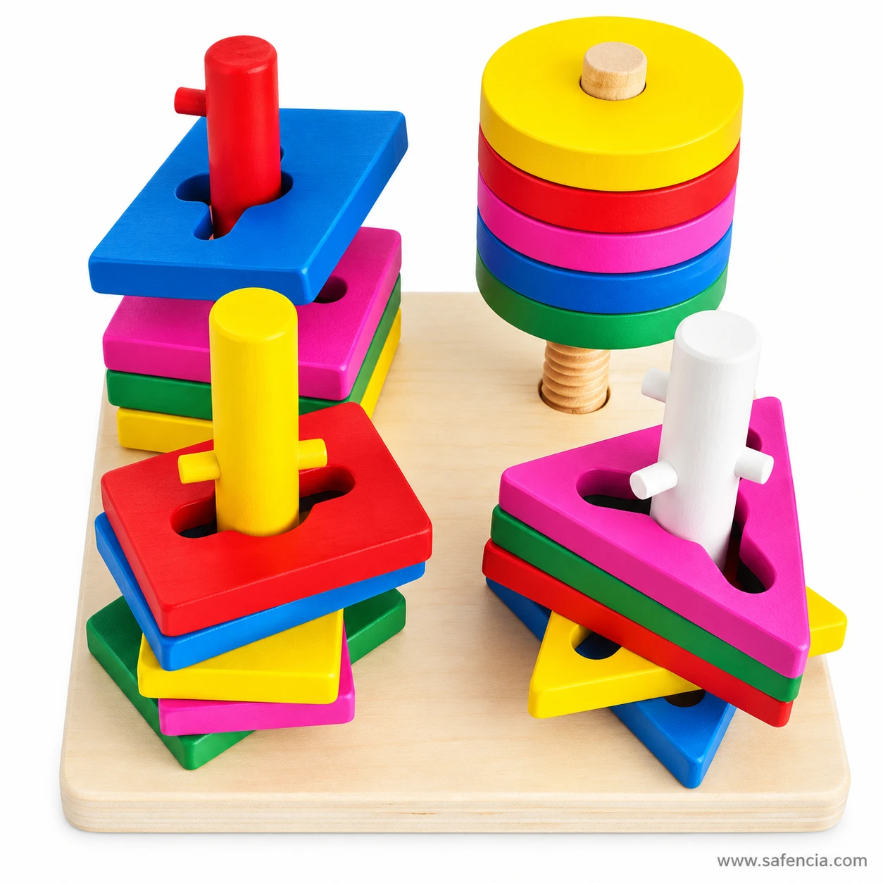 Unlock four-column wooden sorter seen from the front with rectangles stacked on the yellow keyed post