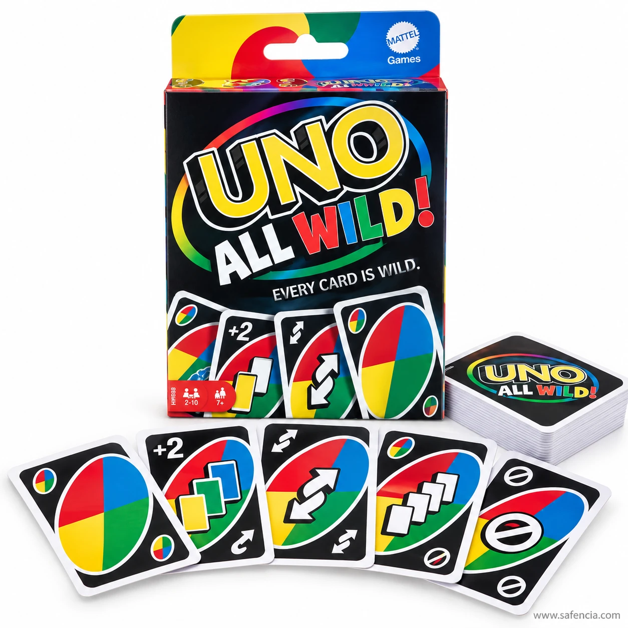 UNO All Wild box printed Every card is wild with draw two, reverse and skip cards in front