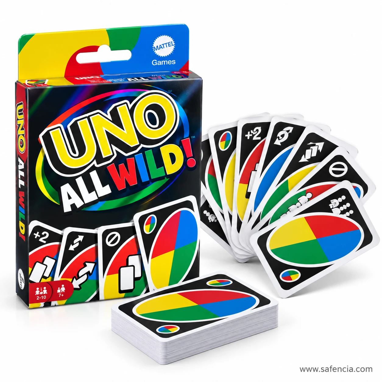 UNO All Wild card game box with a fanned hand of wild action cards and the deck
