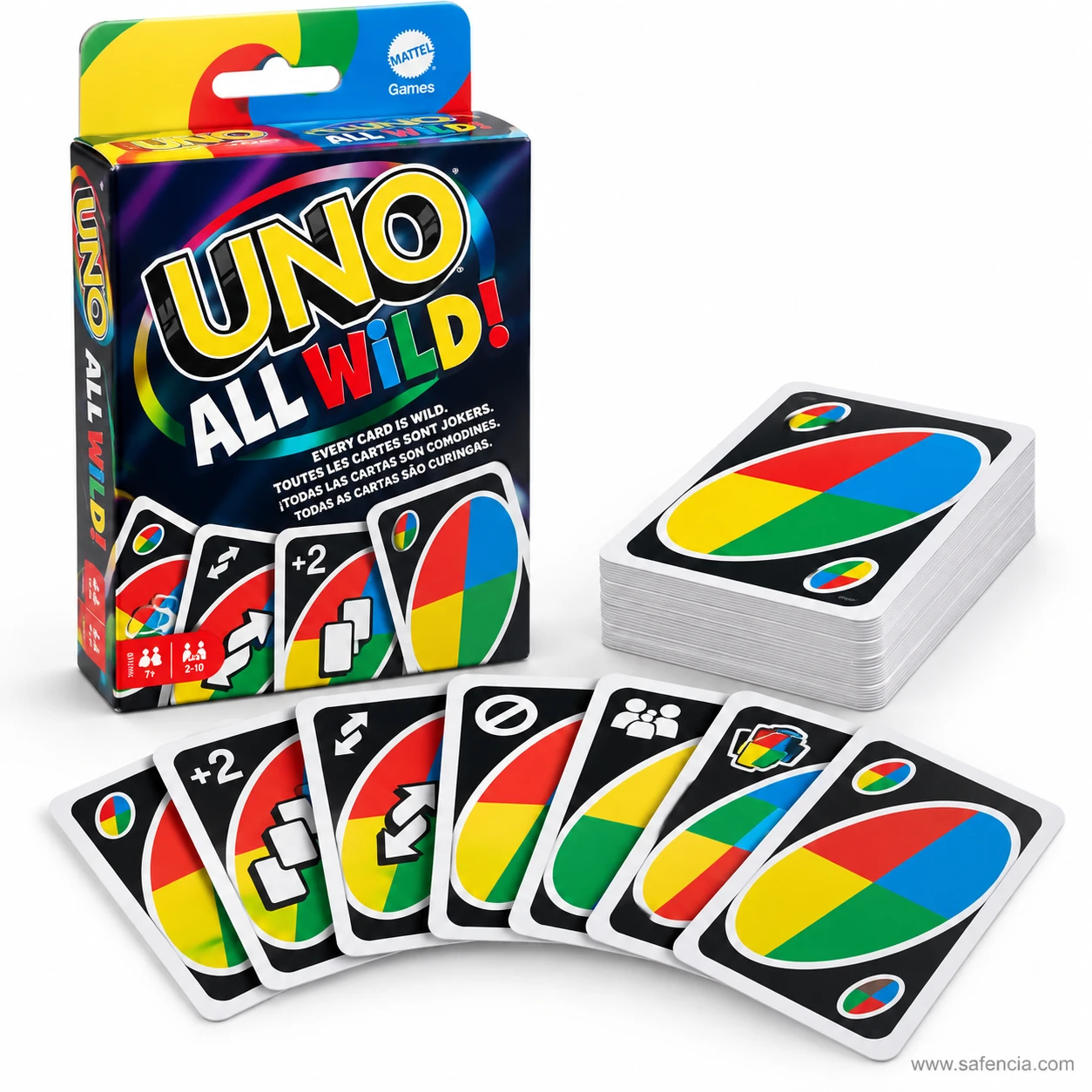 UNO All Wild card game box with instructions in several languages, deck and a row of wild cards