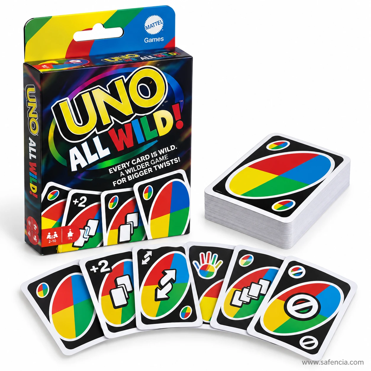 UNO All Wild box reading A wilder game for bigger twists with the deck and fanned wild cards