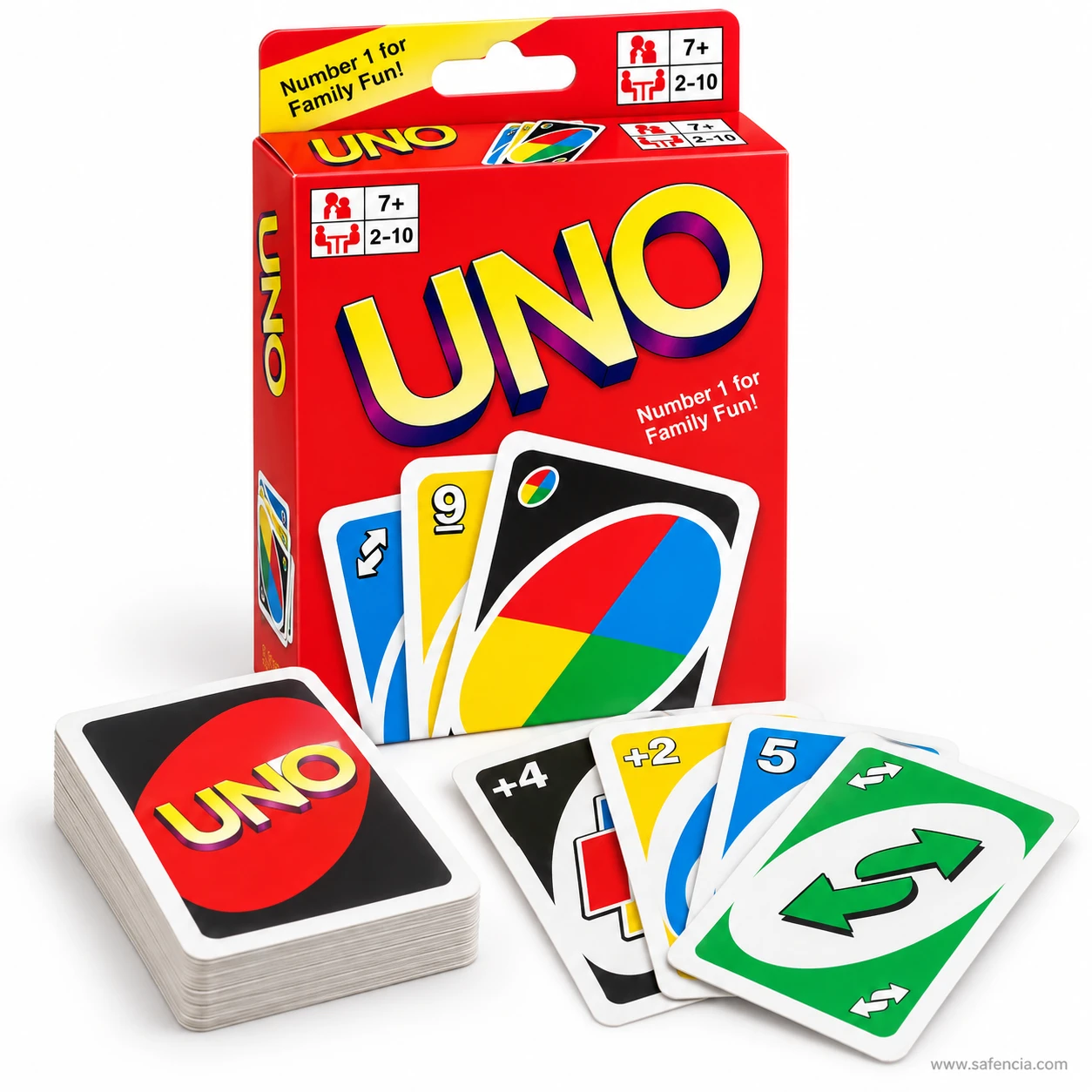 UNO card game deck face down beside the box with Draw Four, Draw Two, number five and Reverse cards