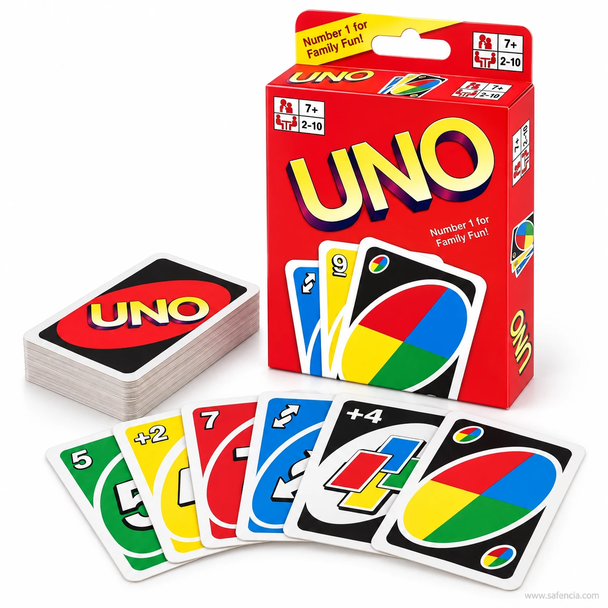 UNO card game box showing 2 to 10 players and age 7 plus with a row of coloured cards in front