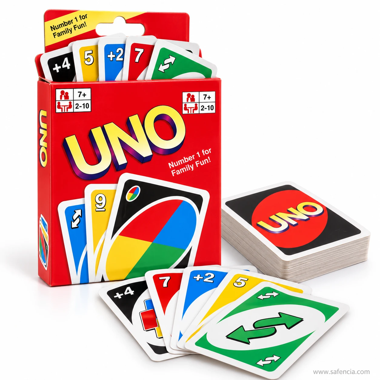 Open UNO card game box with cards standing inside and a spread of Draw Four, Draw Two and Reverse cards