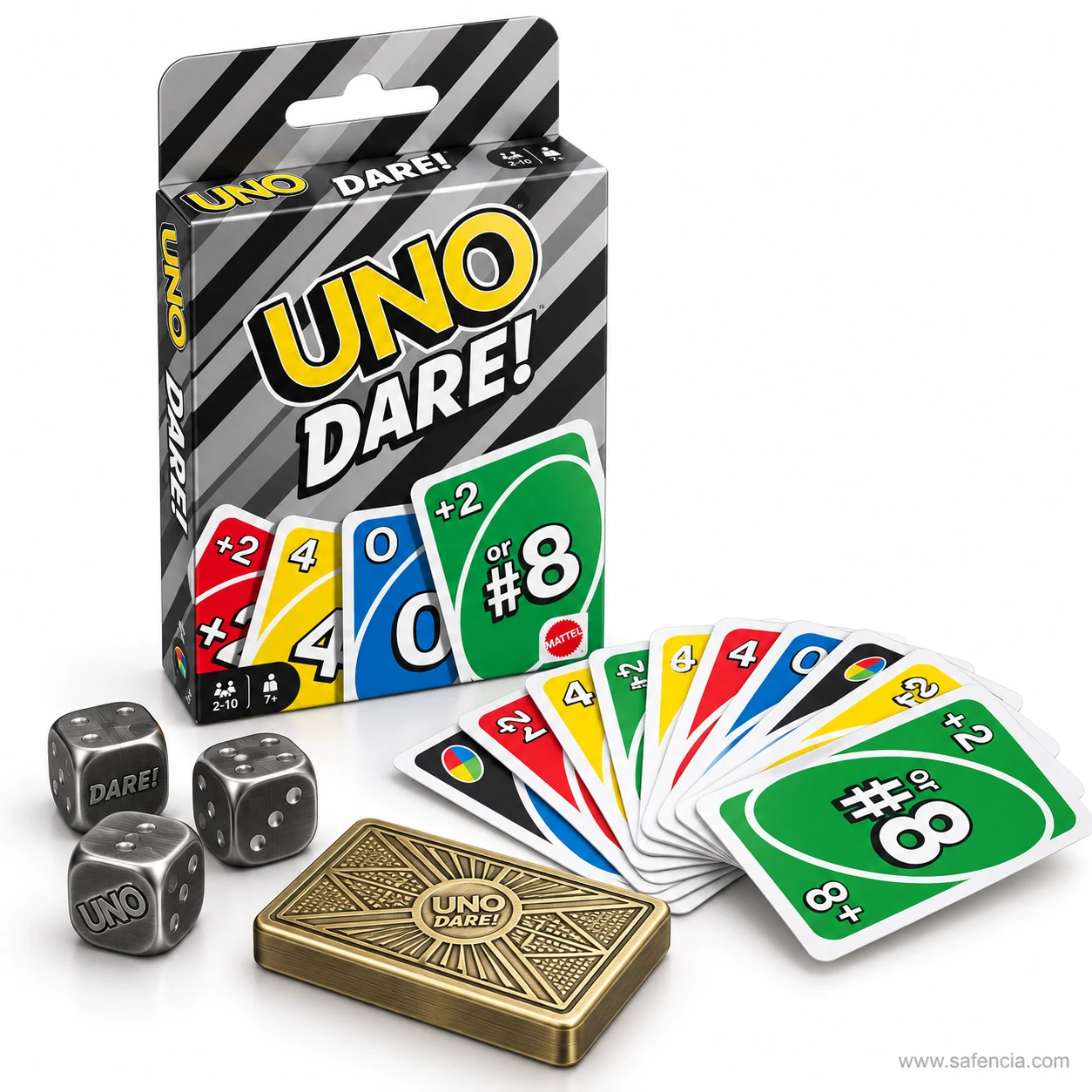 UNO Dare card game box with a fan of choice cards ending in a green +2 or #8 card