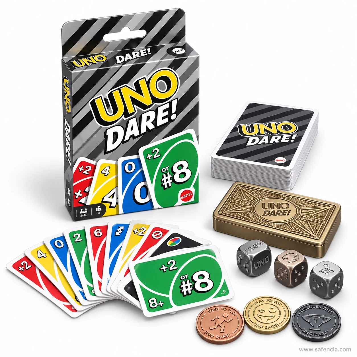 UNO Dare card game box, deck and fanned cards styled with a metal case, dice and coins