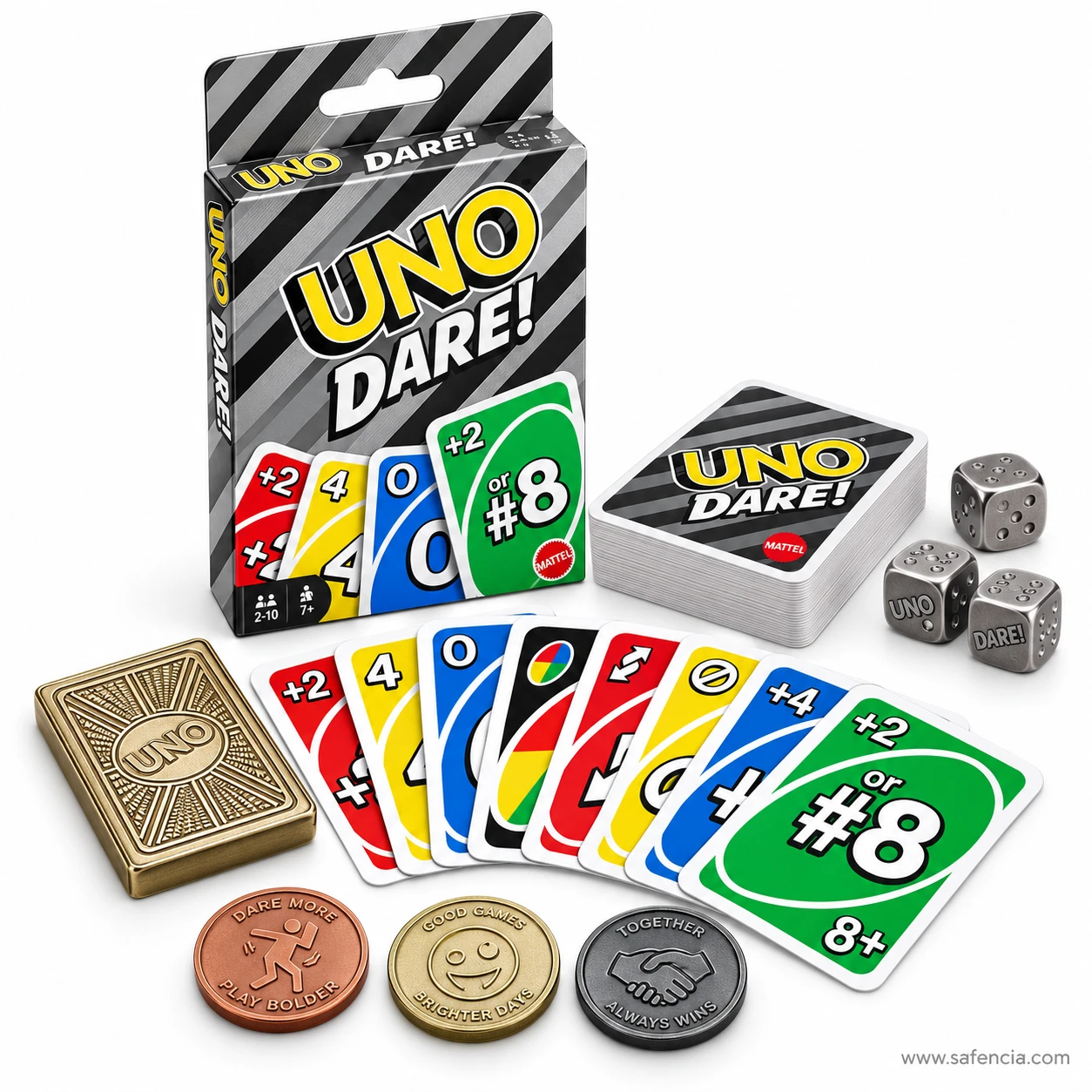 UNO Dare card game box and deck with a long row of number, wild and +2 or #8 cards