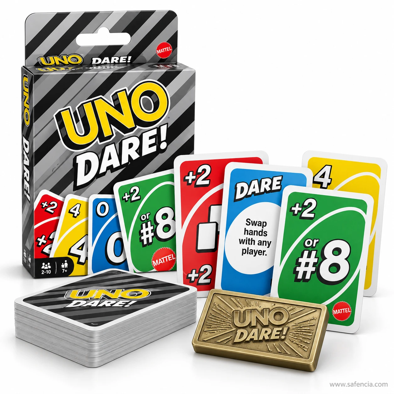UNO Dare card game with a dare card reading Swap hands with any player and a +2 or #8 choice card