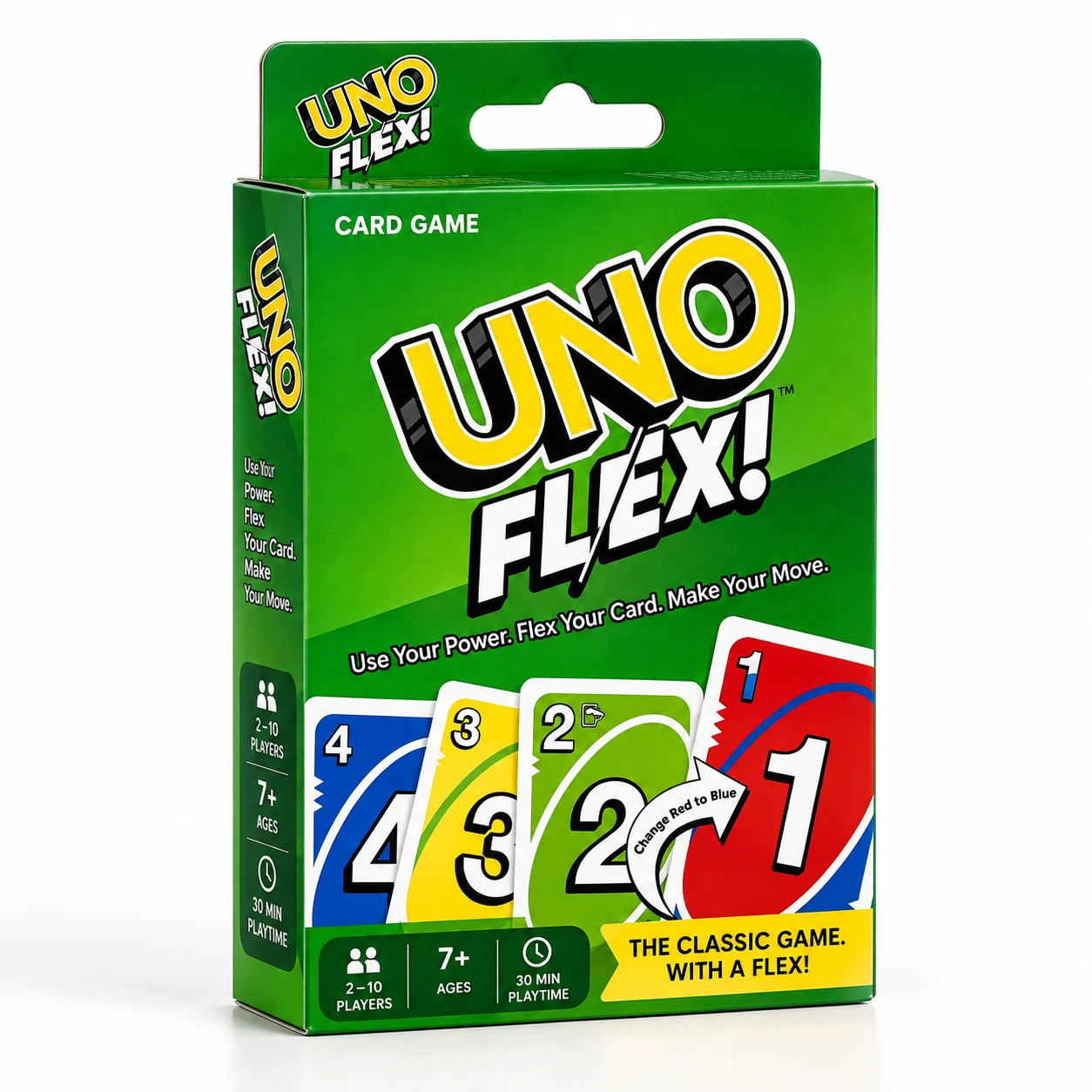 UNO Flex card game box front showing 2 to 10 players, ages 7 plus and 30 minute playtime