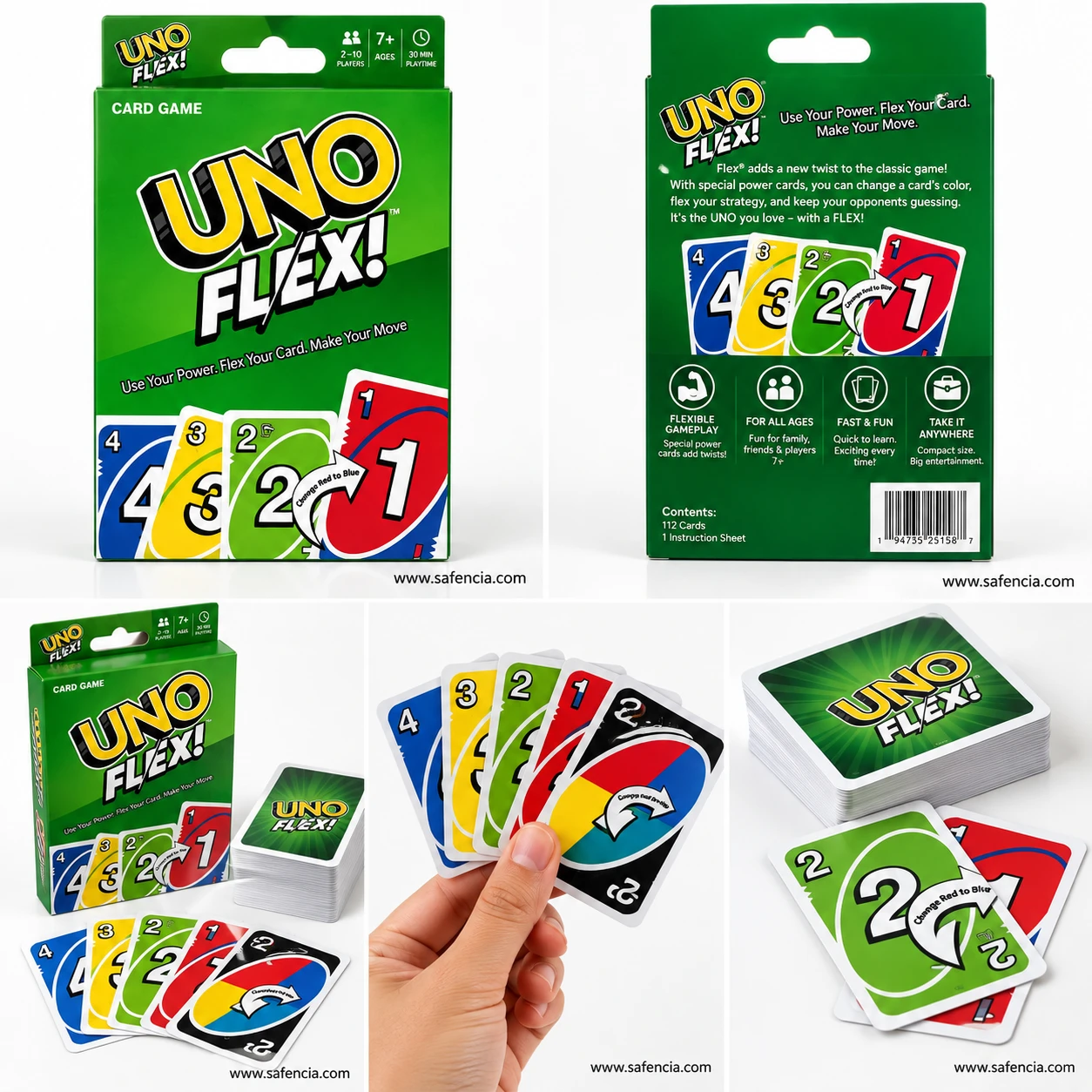 Back of the UNO Flex box listing contents of 112 cards and 1 instruction sheet with game features