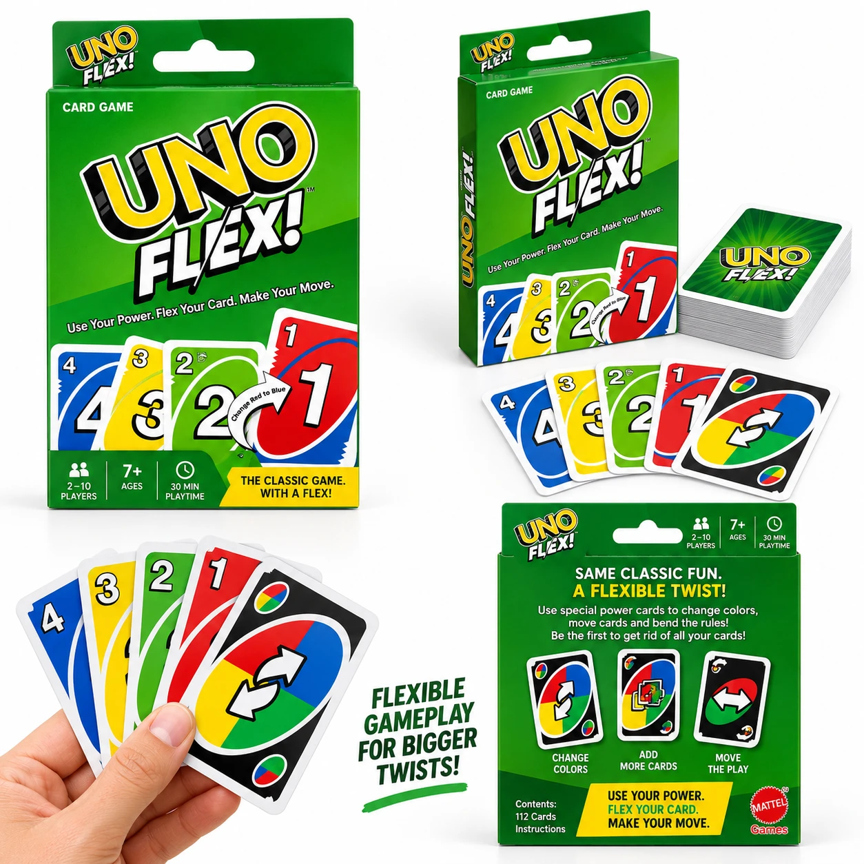 UNO Flex card game collage with box front, a hand of cards and the box back explaining power cards