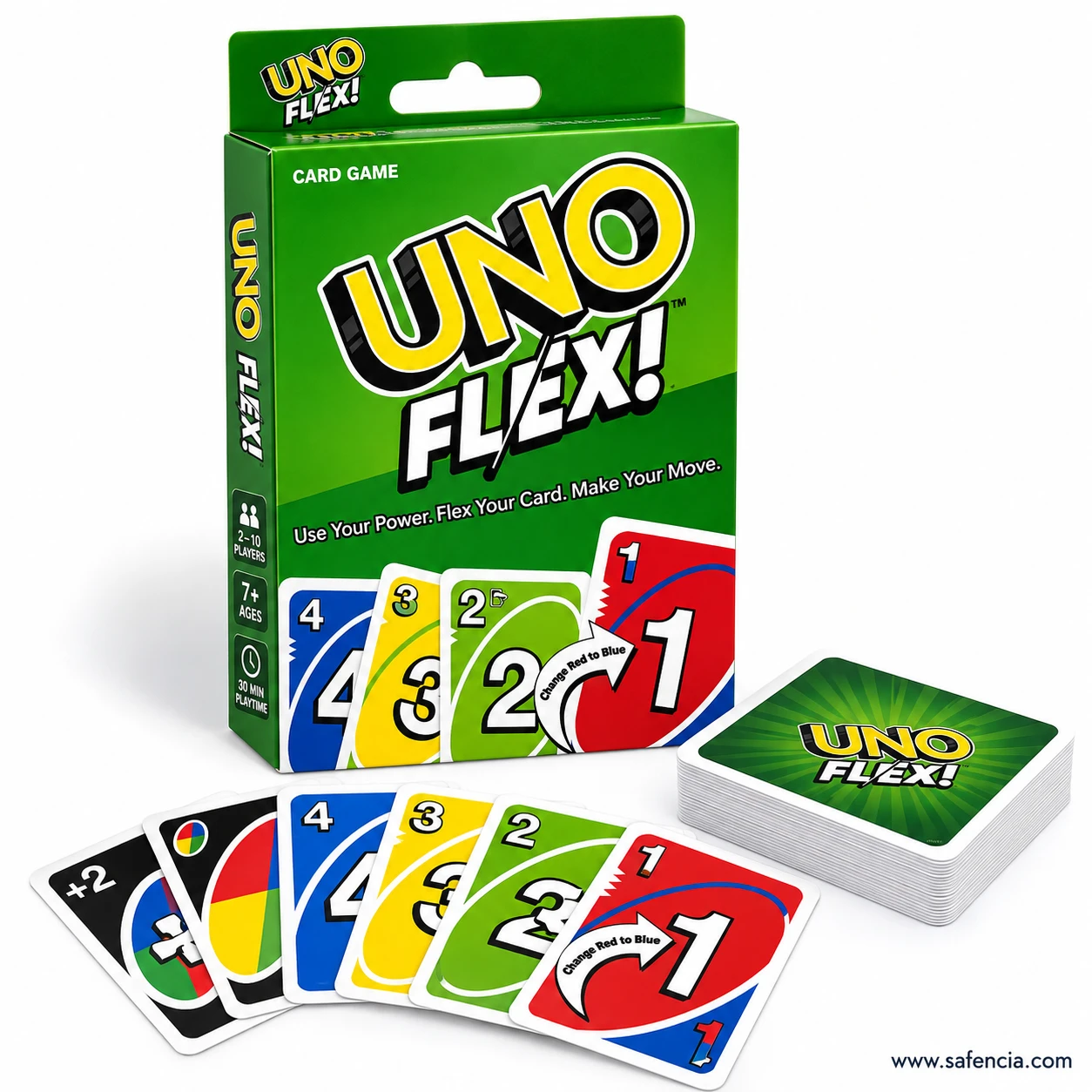 UNO Flex card game box with a row of cards including a Change red to blue Flex power card