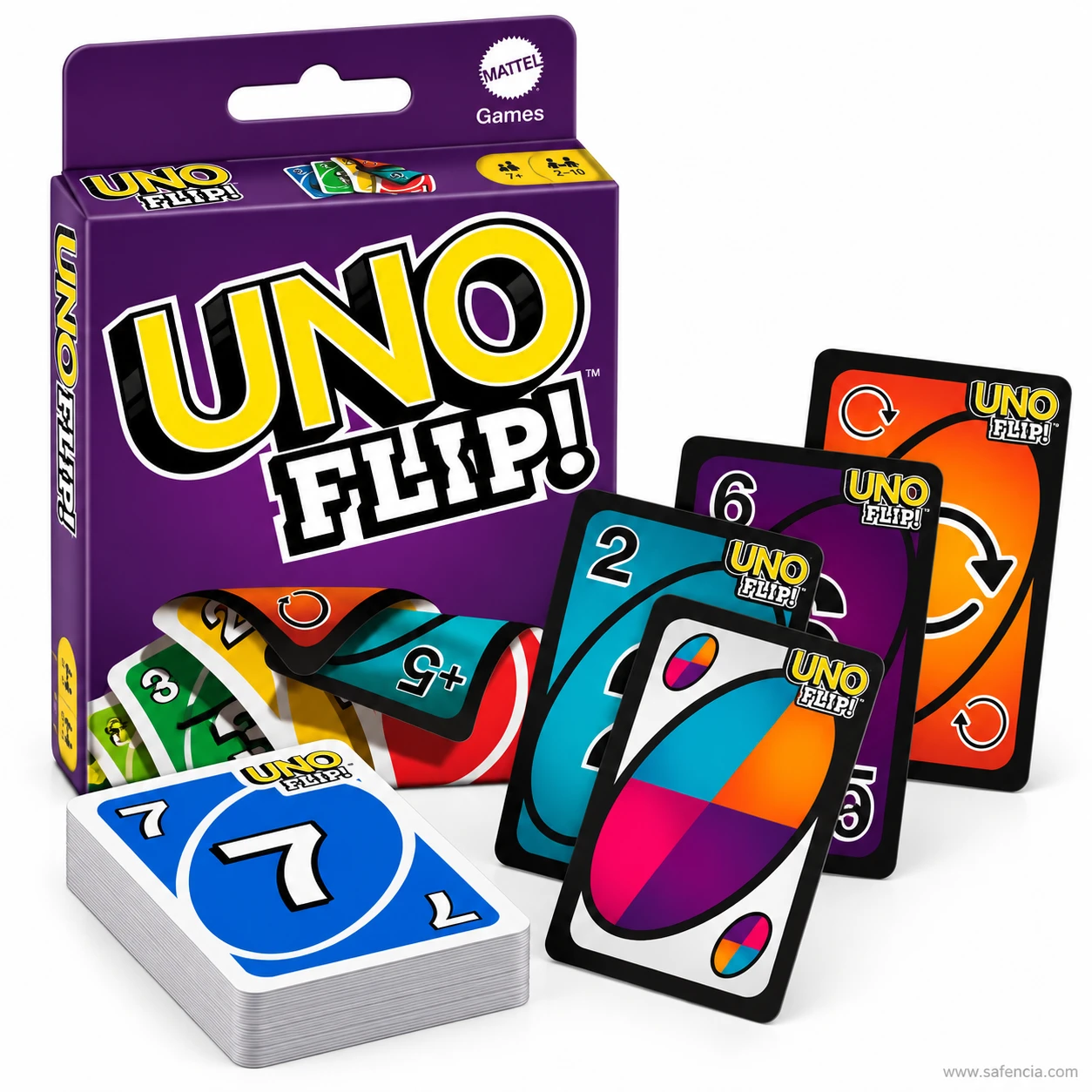 UNO Flip card game box with the light side deck and dark side cards standing beside it