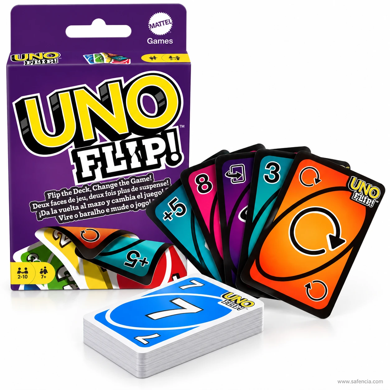 UNO Flip box printed Flip the deck, change the game, with a fanned hand of dark side cards