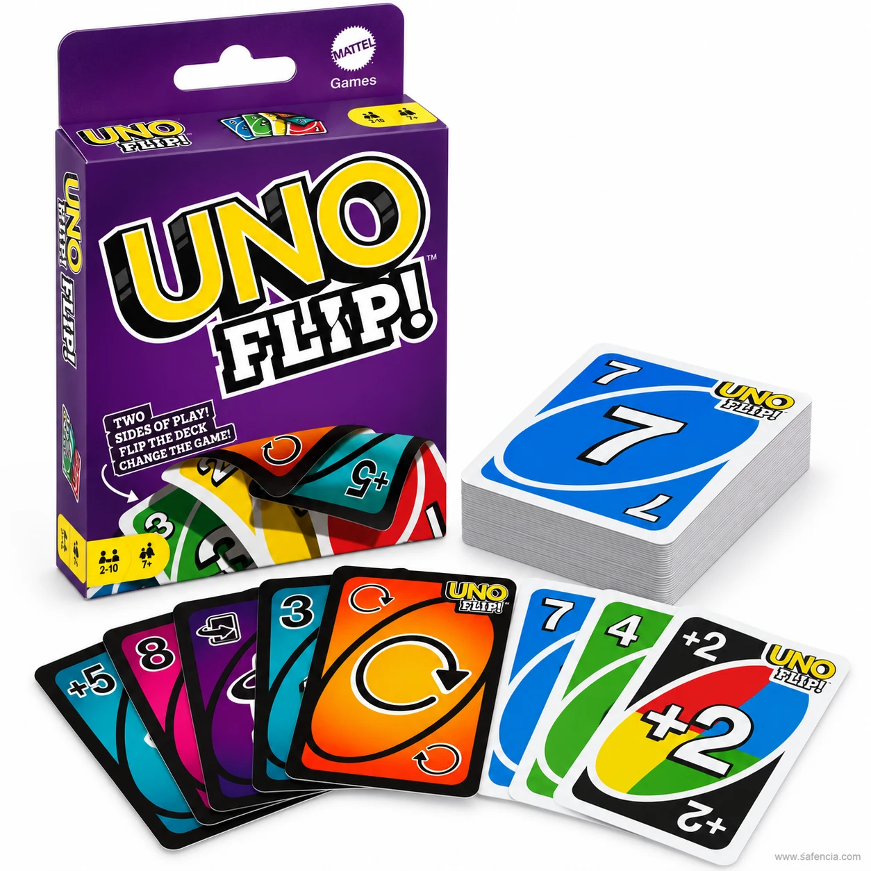 UNO Flip card game light side and dark side cards shown together beside the box and deck