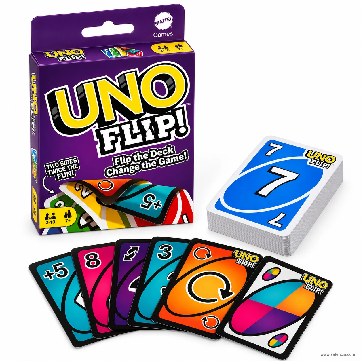 UNO Flip card game box printed Two sides twice the fun with dark side action cards and wild card