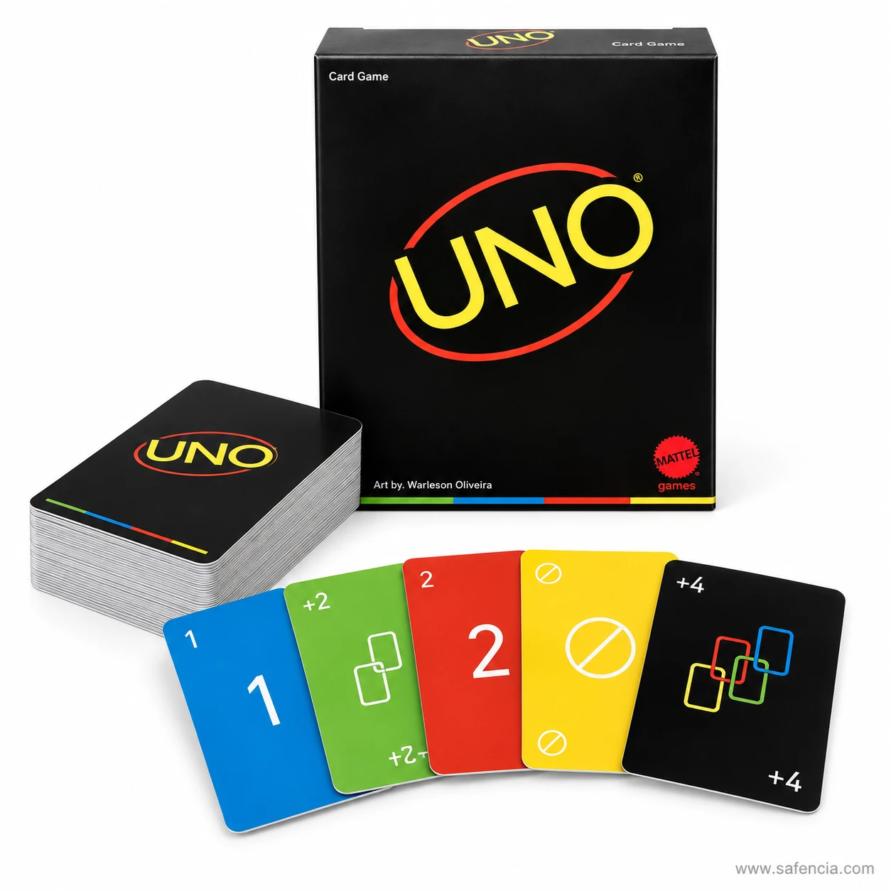 UNO Minimalista black edition deck beside the box with blue 1, draw two, skip and draw four cards