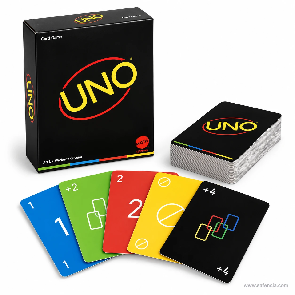 UNO Minimalista cards including a black draw four card with coloured outlines beside the box