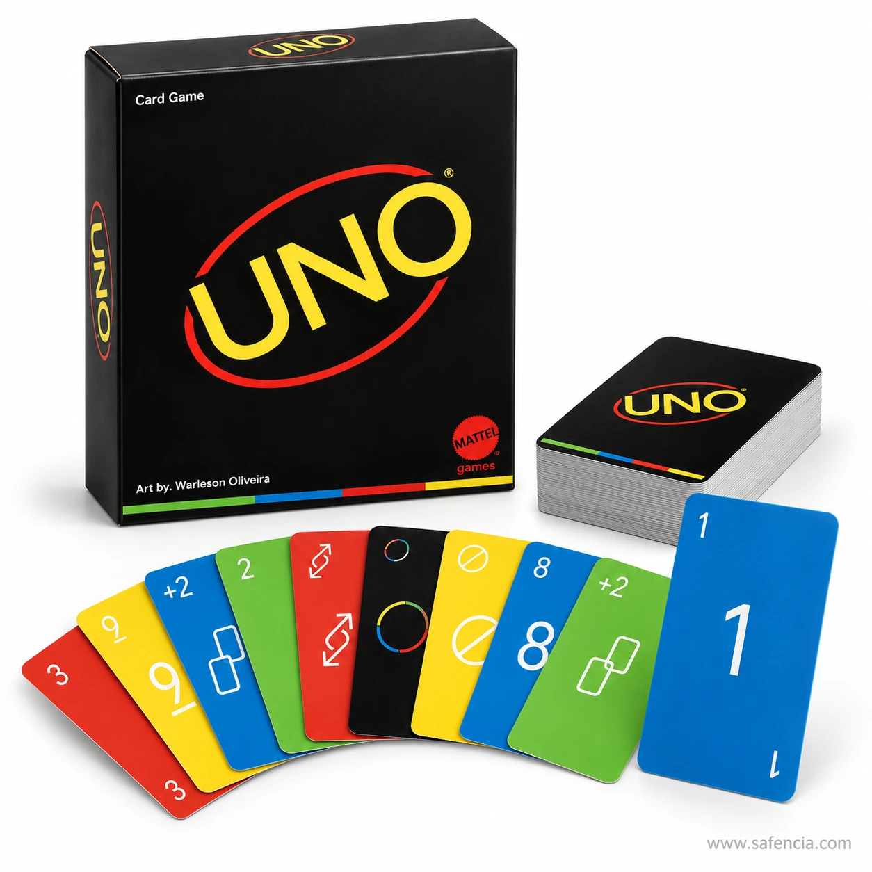 UNO Minimalista black edition box with a wide fan of minimalist number and action cards