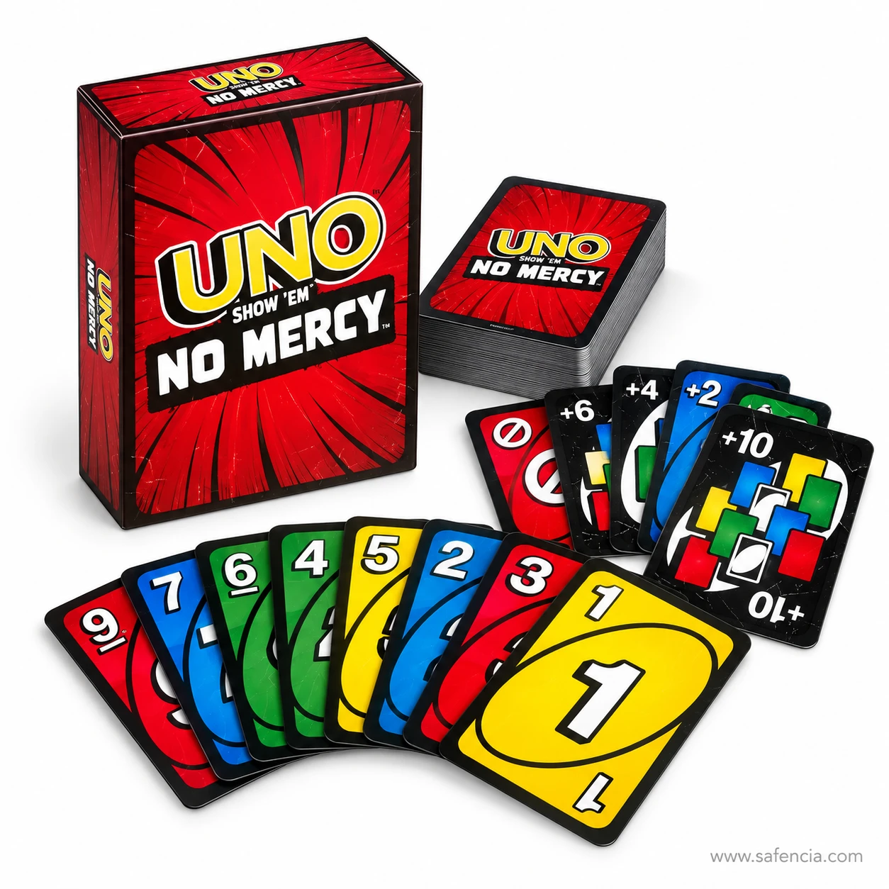 UNO No Mercy card game full set with box, deck, draw cards and a fanned hand of numbered cards