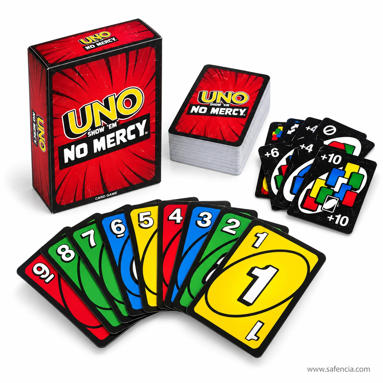 UNO No Mercy card game +6 and +10 action cards beside the box and a fan of numbered cards