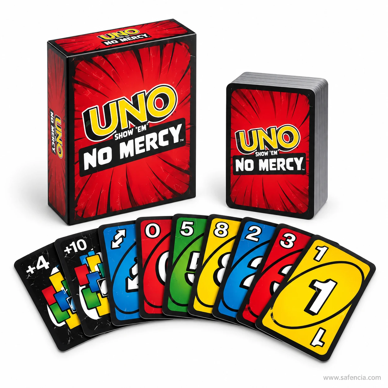 UNO Show Em No Mercy red lidded box and deck with +4, +10 and numbered cards in front