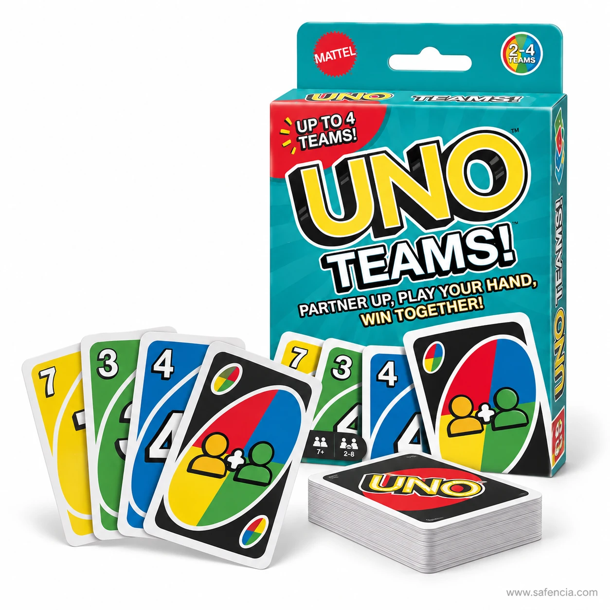 UNO Teams card game box with a fanned hand of numbered cards and the team wild card beside the deck